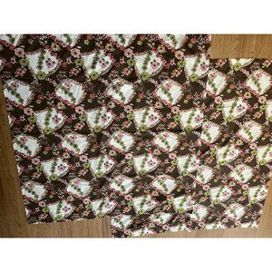 Vintage Handmade Curtains Retro Brown Olive Green Pink Floral One Pair 45” X 48”